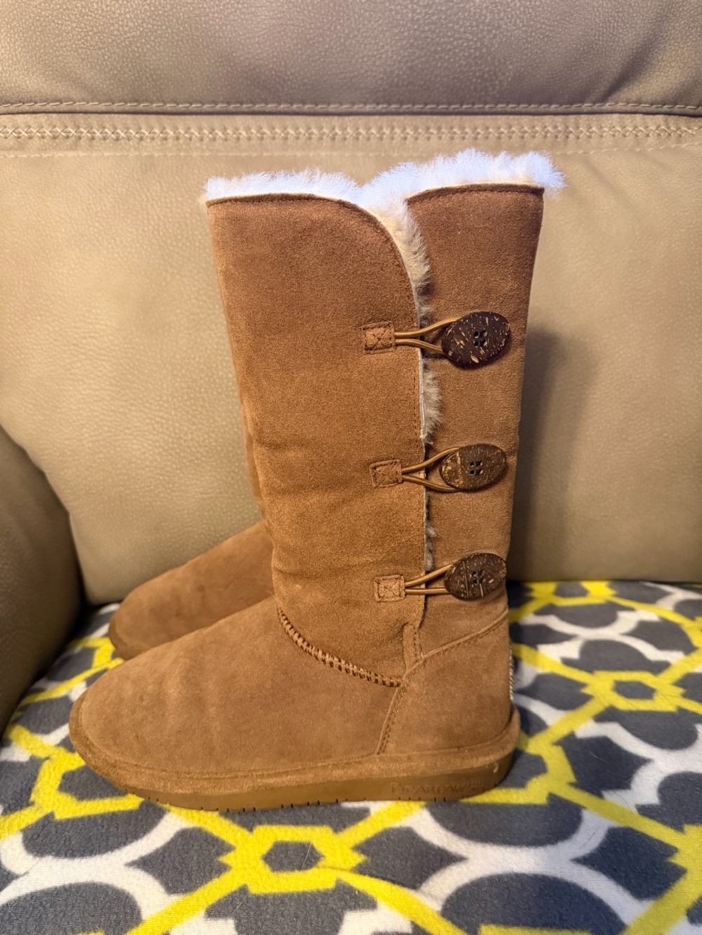 BearPaw Women's Tall Suede Button Boots - Chestnut with White Shearling